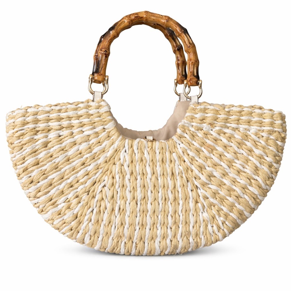 INC International Concepts Tan and Cream Woven Tote with Bamboo Handle